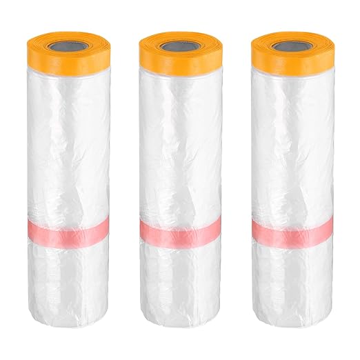 HARFINGTON 3 Rolls Pre-Taped Masking Film 78.7" x65.6ft Double Adhesive Tape and Drape Painters Plastic Drop Cloth Film with Tape Plastic Sheeting for Automotive Painting Covering