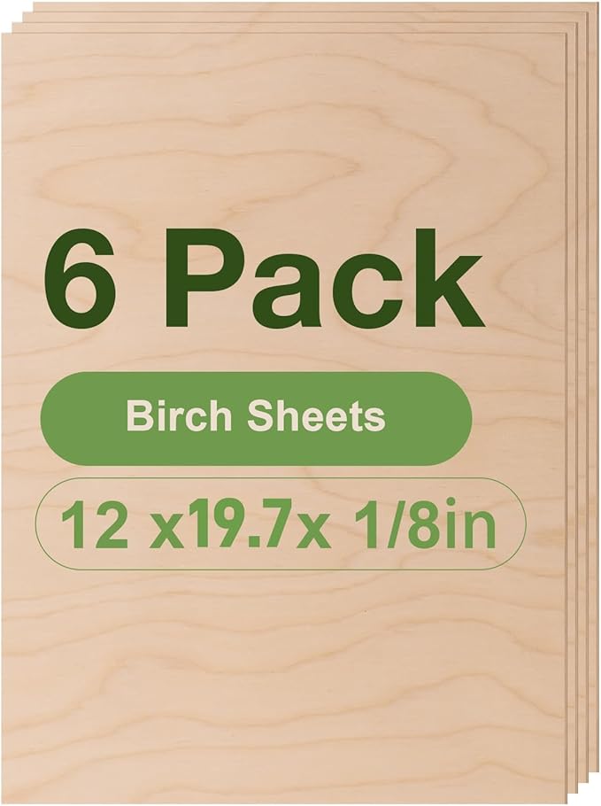 6 Pack Birch Plywood Sheets, 12 x 20 x 1/8 Inch, 3mm Plywood for Laser Cutting, Thin Unfinished Wood Sheets for Architectural Models, Wood Burning and DIY Wood Crafts