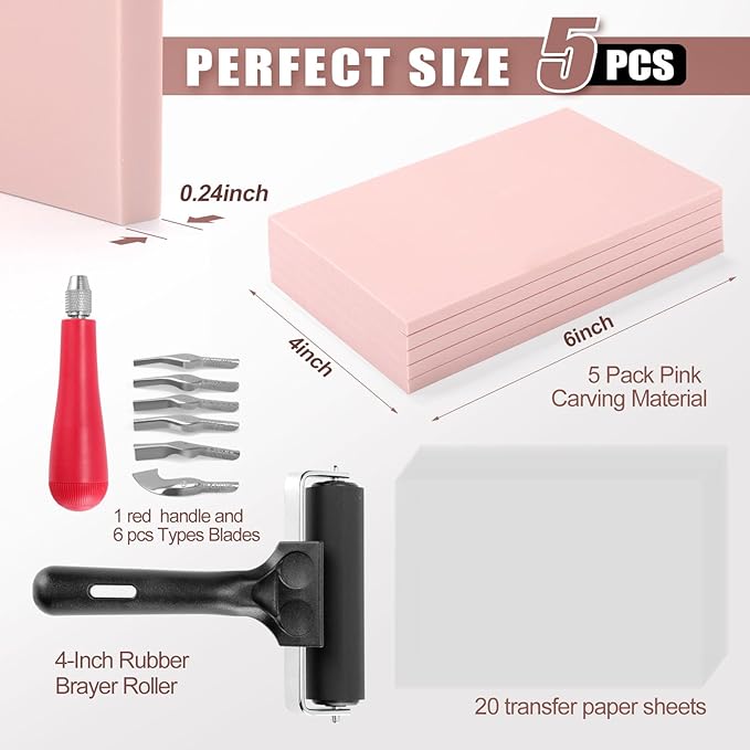 Linocut Kit for Printmaking with 5PCS 4"x6" Soft Rubber Linoleum Blocks, Brayer & Carving Tools – Block Printing & Stamp Making Supplies for Beginners & Artists