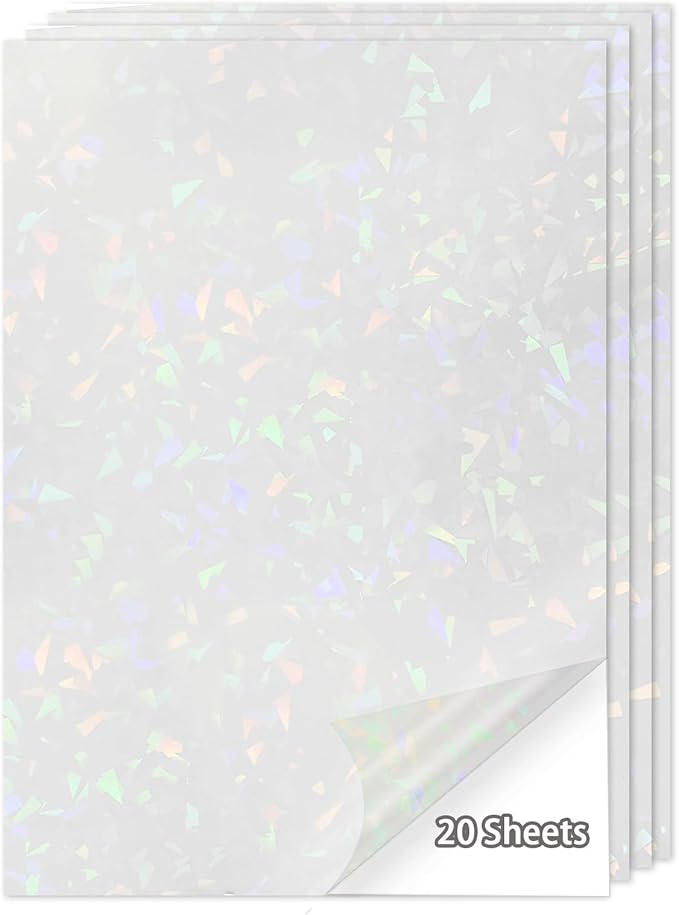 20 Sheets Holographic Sticker Paper,8.5x11 Inch Clear Printable Vinyl Sticker Papers,Self-Adhesive Waterproof for Inkjet/Laser Printer（Clear Glass）