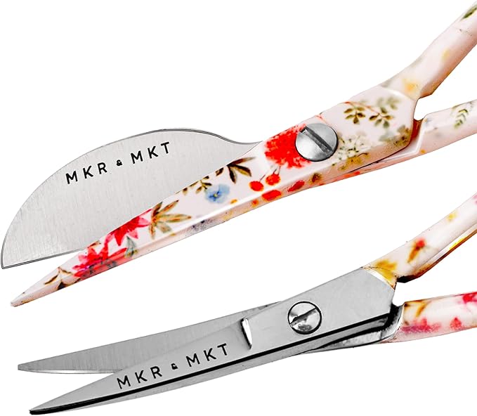 Small Embroidery 4.5 Inch Scissors Set of 2 Kit - Mini Double Bend Offset Duckbill and Double Bend Long Applique Needlepoint Blade with Pouch Sleeve (Floral)