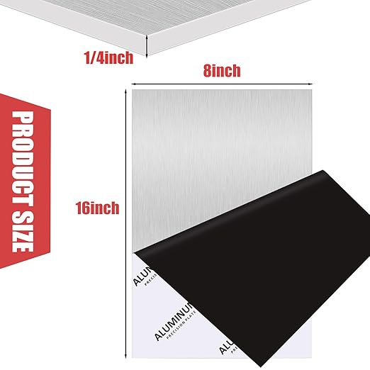 6061 Aluminum Sheet Plate, 8" x 16" x 1/4" Thickness Heavy Duty Aluminum Sheets Plates with Protective Film, Rectangle Aluminum Plate Solid Metal Sheet Plate for DIY Projects Base Plate