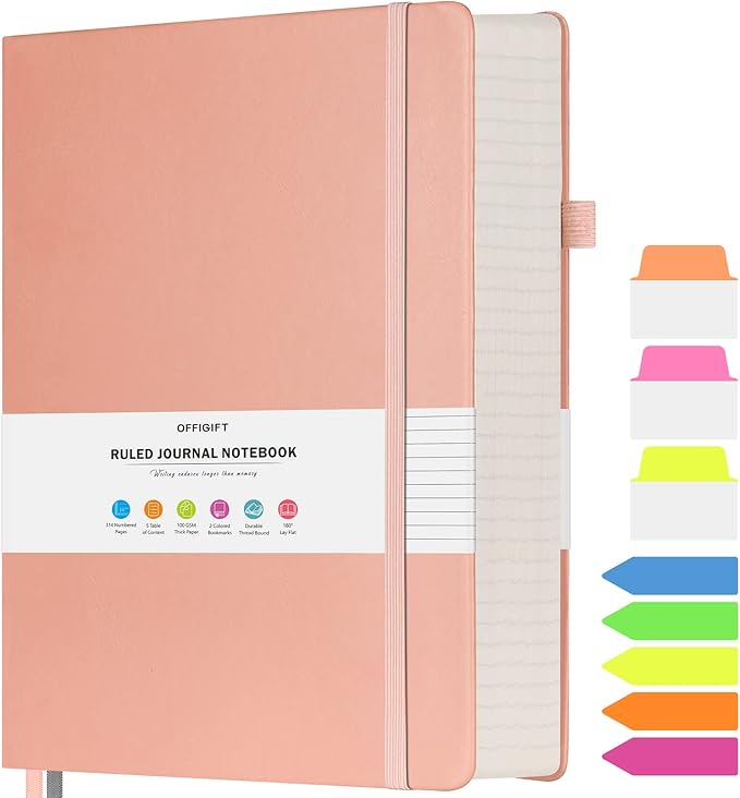 College Ruled Notebook, Large B5 Lined Journal Notebook, 314 Numbered Pages Work Notebook with Index Stickers, 100gsm Thick Paper, Hardcover Vegan Leather Journal for Women Men School Office, Pink