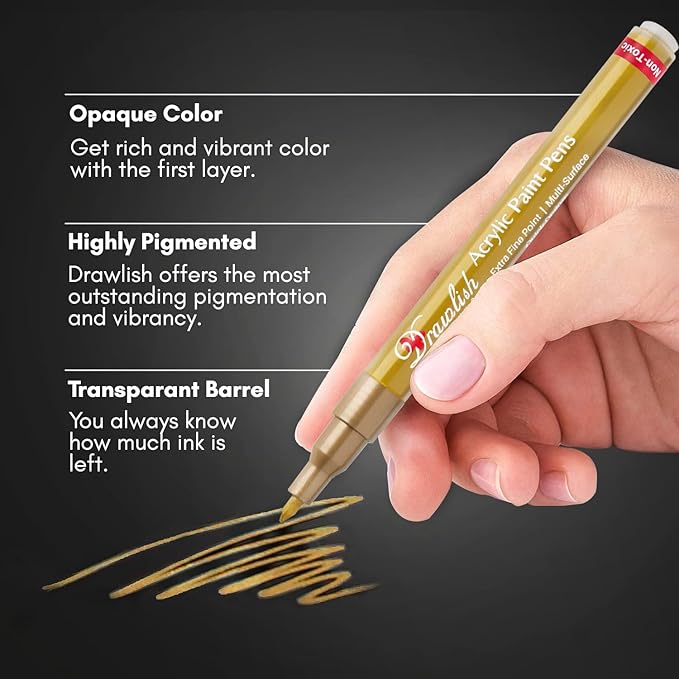 Acrylic Paint Pens - Permanent Markers 2 Gold Pens & 2 Silver Paint Marker Pen Set of 4 Acrylic Pen 0.7mm Extra Fine Tip - Ideal for Rock Painting, Fabric, Glass, Wood, Canvas, Ceramic, Porcelain