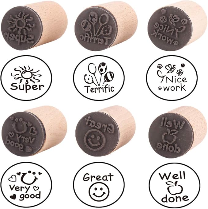 DECORA 6pcs Round Wood Rubber Stamp for School Teachers English Toy Stamp Au116s1p1us1