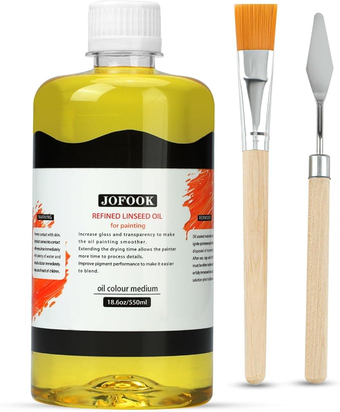 JOFOOK Refined Linseed Oil Medium for Oil Paintings,550ml/18.6oz Linseed Oil for Oil Based Paint,Artists' Paint Thinner with a Painting Knife and Paintbrush,Enhance Flow & Translucency Thinning Oil