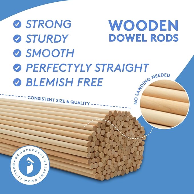 Dowel Rods Wood Sticks Wooden Dowel Rods - 1/2 x 12 Inch Unfinished Hardwood Sticks - for Crafts and DIYers - 500 Pieces by Woodpeckers