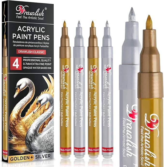 Acrylic Paint Pens - Permanent Markers 2 Gold Pens & 2 Silver Paint Marker Pen Set of 4 Acrylic Pen 0.7mm Extra Fine Tip - Ideal for Rock Painting, Fabric, Glass, Wood, Canvas, Ceramic, Porcelain