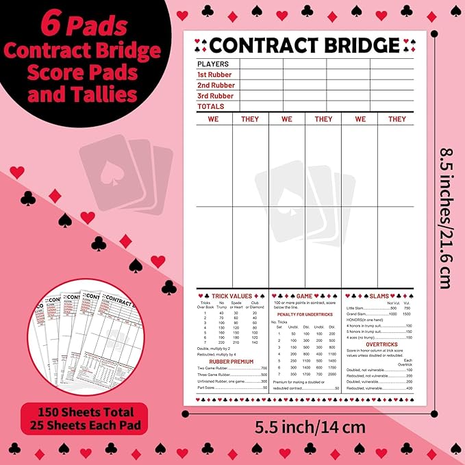 party greeting 150 Sheets Contract Bridge Score Pad and Tallies Contract Bridge Score Notepad Canasta Score Pads Print with Trick Rubber Bridge Party Bridge Playing Cards Large Print Game Scoring Card