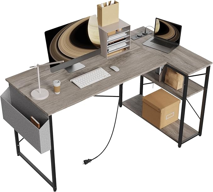 TIQLAB L Shaped Computer Desk with Power Outlets, 47 Inch Gaming Desk, Small Desk Corner Desk with Reversible Shelves, Study Desk Writing Desk for Home Office Bedroom, Work from Home, Beige, Grey