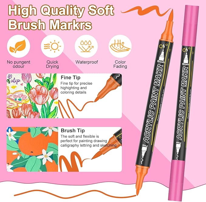 96 Colors Dual Tip Acrylic Paint Markers, 48 Pack Waterproof, Non-Toxic, Odorless Acrylic Markers Pens，Paint Pens & Paint Markers for Rock, Wood, Glass, Stone, Canvas, Fabric and Paper Painting