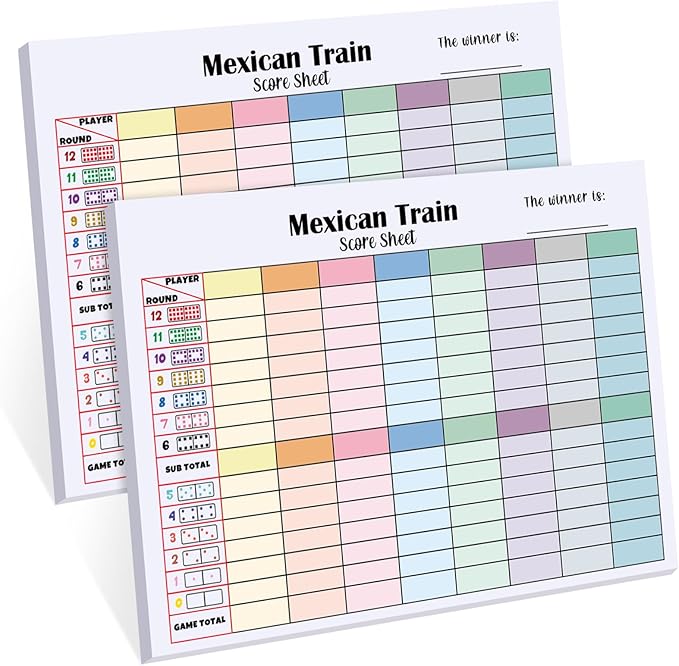 2 Pack 120 Sheets Mexican Train Score Pads Colorful Chicken Foot Dominoes Game Scorepad Adult Mexican Train Score Sheet Scoreboard Paper Record Clearly for Family Game (6.7 x 5 Inches)