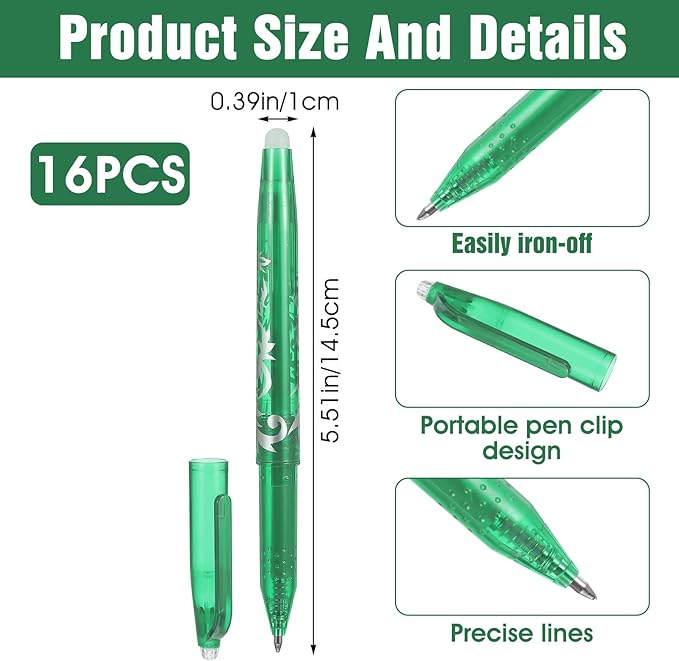 Hpmjz 16pcs Heat Erasable Pens for Fabric, Fabric Marking Pens Fabrics Markers No Ghost Lines, Disappearing Ink for Precise Marking for Quilting Sewing Embroidery DIY Dressmaking Fabrics Tailors Chalk