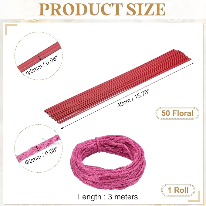 uxcell 50Pcs 2 Gauge Floral Wire, 15.75" Length Flower Stem Wires with 0.08" x 32.8ft Twine for Wreath Making, Flower Arrangement, Red