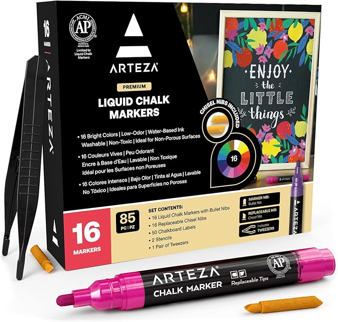 ARTEZA Liquid Chalk Markers, Set of 16 Bright Colors, Chalkboard Pens for Blackboard, Whiteboard, Windows, Mirrors, Glass, Restaurant Menu, Signs.
