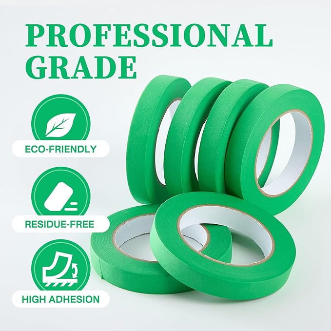 Premium Green Masking Tape,Painters Tape,Green Painters Tape for Automotive,DIY Paper Arts & Crafts, Spraying Drywall Paint, No Residue & Easy to Clean Up,12pcs 0.7inch X 54 Yd Painter's Tape