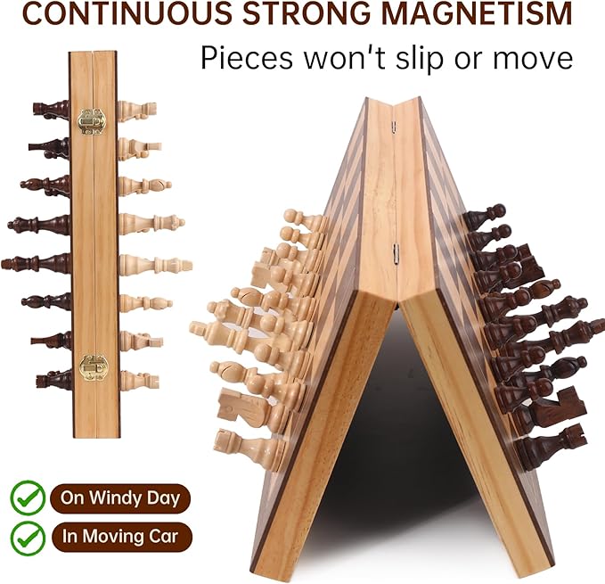 Wooden Chess Set with Folding Board - 15" Classic Magnetic Chess Set with Protective Bag for Adults, Chess Lovers Tournament Professional Beginner