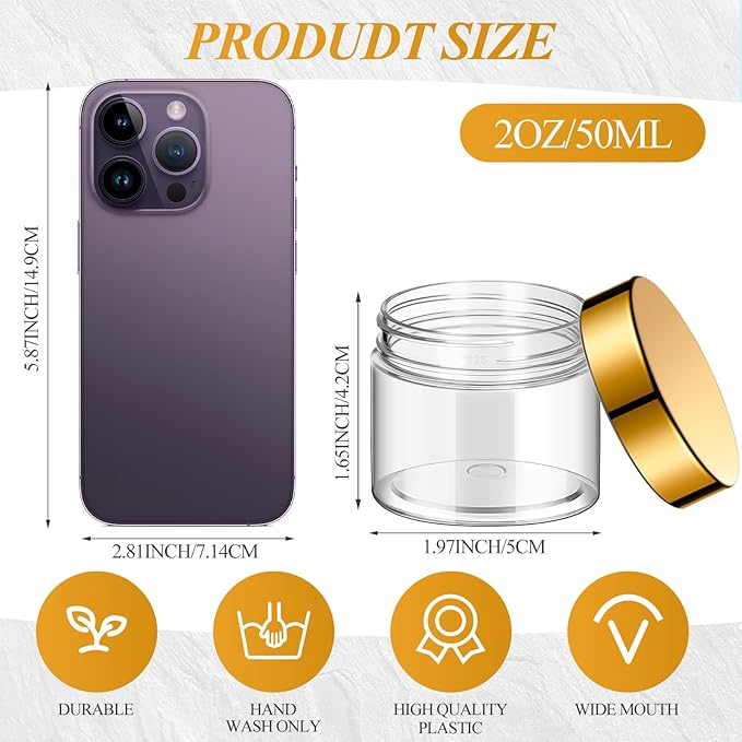 SATINIOR 36 Pieces 2 oz Plastic Jars with Lids Wide Mouth Airtight Reusable Container Acrylic Cosmetic Small Jars for Lotions Ointments Travel Toiletries Creams Make up Storage(Gold)