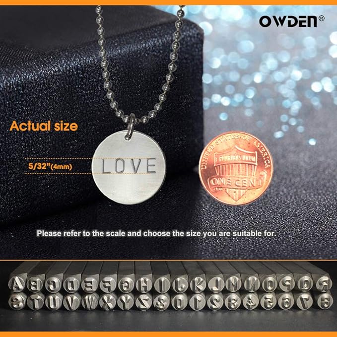 OWDEN Professional 36Pcs.Steel Metal Alphabet and Figure Punch Set (5/32”) 4mm Uppercase,Steel Number and Letter Punch Set, Jewelry Craft Stamping Tool.