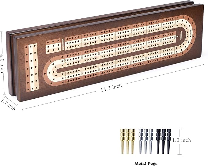 AMEROUS Wooden Cribbage Board Game Set with Magnetic Lock - Metal Pegs - 2 Playing Cards - Continuous 3 Track Board - Larger Storage Area, Travel Portable Cribbage Game Sets for Family