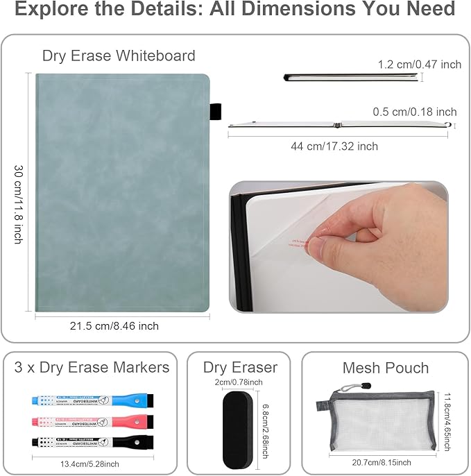 AGM Portable White Board Dry Erase Notebook, 12" x 9" Double Sided Folding Whiteboards with 3 Pens, Small Travel Dry Erase Board Skin-friendly Material for Study, Meeting, Planning, Ocean Blue