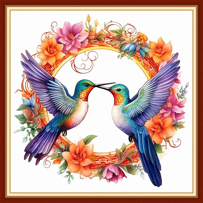 Joyhoor Stamped Cross Stitch Kits for Beginners, Needlepoint Kits for Adults, 11CT Counted Embroidery Kits-Hummingbird Wreath 18x18 inchs