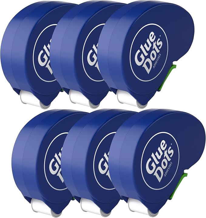 Glue Dots, Dispenser for everyday uses, 6-pack, 750 total dots, 3/8", .375 Inches, Movable, Repositionable, Multi-Functional, Label Containers, Glue Stick and Tape Alternative, Clear