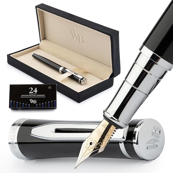 Wordsworth & Black Fountain Pen Set, 18K Gilded Extra Fine Nib, Includes 24 Pack Ink Cartridges, Ink Refill Converter & Gift Box, Chrome Finish, Calligraphy, [Black Chrome], Perfect for Men & Women