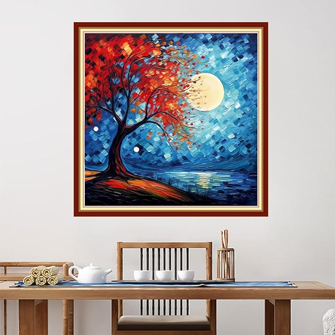 Foxdiviy Stamped Cross Stitch Kits for Beginners Full Range of Cross Stitching 11 CT Printed Cross Stitch Kits for Kids Adults Cross Stitch Patterns Needlepoint Kits-Colorful Trees Moon 18x18 inch