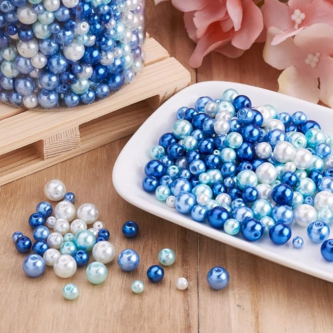 1840Pcs 4/6/8mm Glass Pearl Beads Multi Colors Round Spacer Pearlized Beads for DIY Craft Jewelry Making, Mixed Blue & White