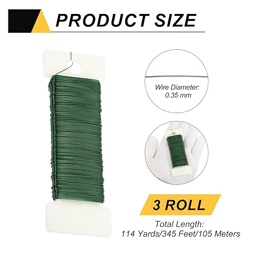 MECCANIXITY 114 Yards/345 Feet 27 Gauge Metal Floral Wire Green Flexible Paddle Thin Floral Wires for Craft, Christmas Wreath, Flower Arrangement, Wedding, Total 3 Roll