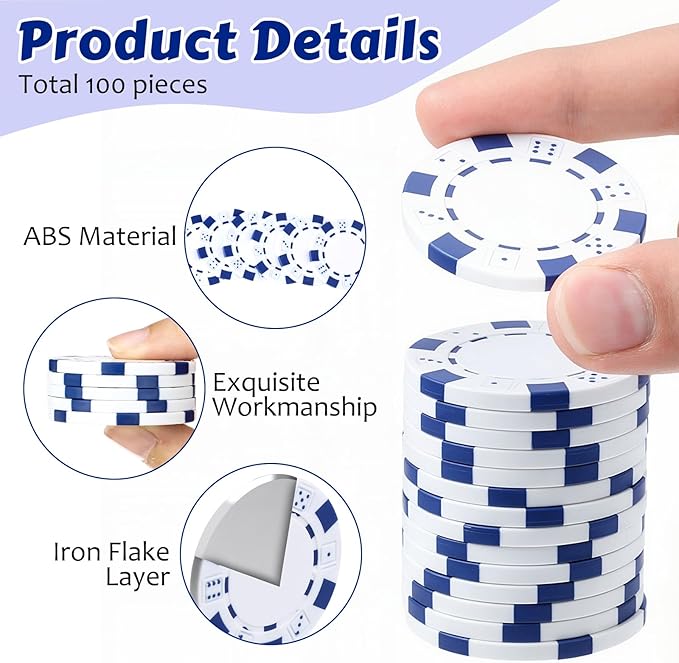 100 Pcs 11.5 Gram Poker Chips ABS Monte Carlo, 40 mm Bingo Chips Tokens Markers Blank Counting Bulk for Blackjack, and Card Night Poker Games