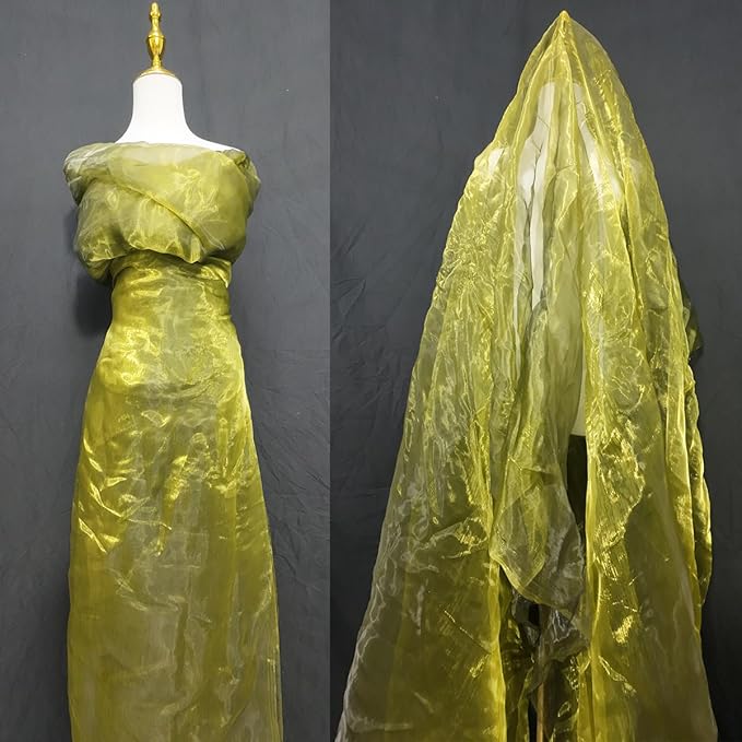Two-Tone Iridescent Holographic Organza Fabric - 5.5 Yards | Lightweight Sheer Gauze Voile Tulle | for Dresses, Party Decor, DIY Crafts, Shiny Backdrops（Olive-Greenish Yellow