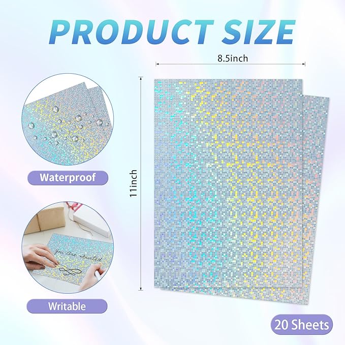 20 Sheets Printable Holographic Sticker Paper,11 x 8.5 Inches Printable Waterproof Paper Rainbow Vinyl Sticker Paper for Inkjet or Laser Printer（Laser bubble pattern）
