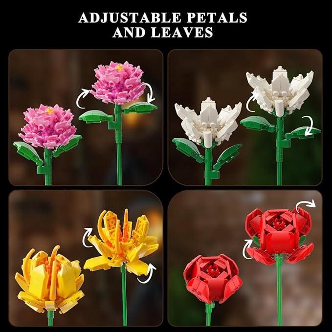 Flower Bouquet Building Set, 1464 PCS Botanical Collection Building Block Toy, 18 Flowers Rose Sunflower Home Plant Decor, Birthday Gifts for Adults Women Boys Girls 8-12+