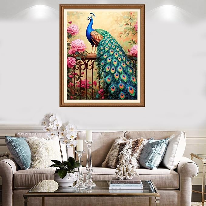 Redxing Stamped Cross Stitch Kits Full Range of Embroidery Starter Kits- Needlepoint Counted Cross Stitch Kits for Beginner Adults 11CT Printed Embroidery Kit-Peacock Flower Landscape 16x20 inch