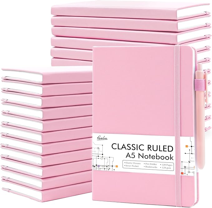 feela 24 Pack Journal Notebook Bulk for Work, Business Notebook Hardcover Lined Writing Journal with Pen Holder for Men Women Note Taking, with 24 Black Pens, 120 GSM, 5.1”x8.3”, A5, Rose Pink