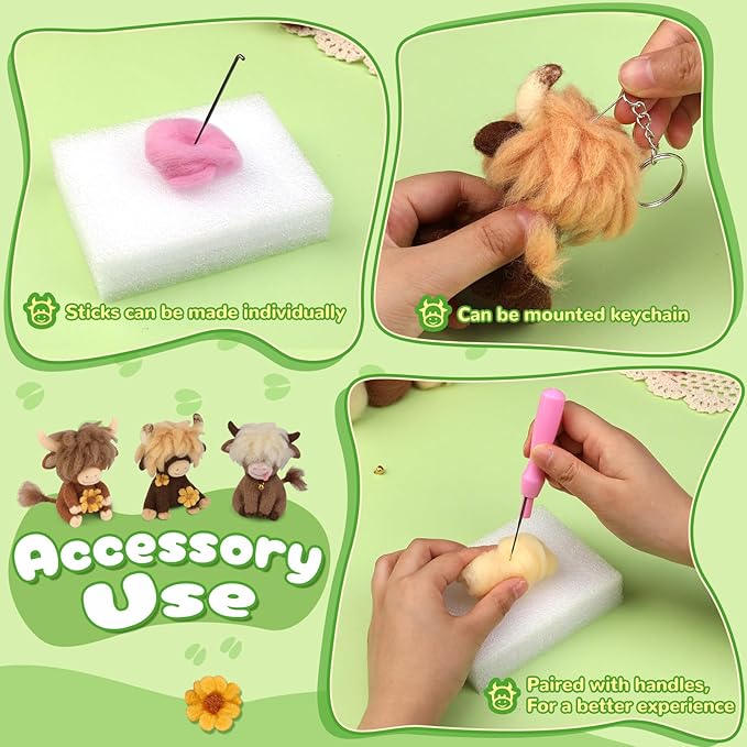 Yizzvb Needle Felting Kit, Highland Cow Needle Felt Beginner Kits with Instruction, Wool, Felting Needles, Felting Pad, Wool Felting Kit for Beginners Home Decoration