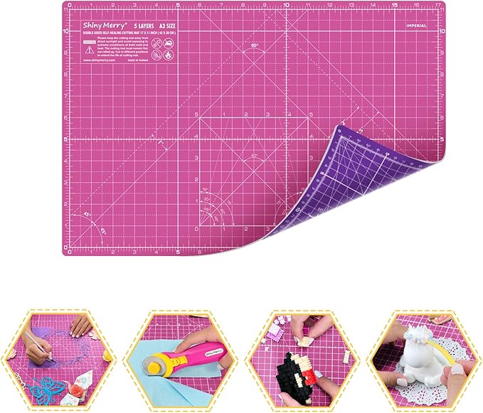 Self Healing Cutting Mat A3 12"x18" – Double Sided 5-Ply Craft Mat for Sewing, Quilting, Fabric, Scrapbooking – Pink/Purple