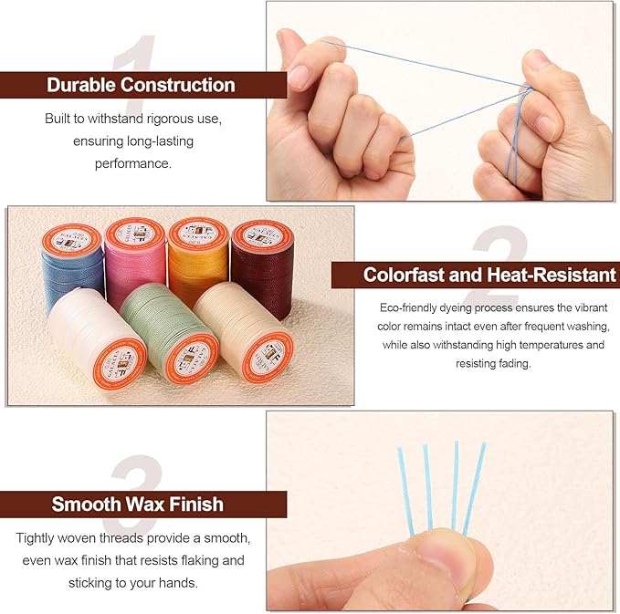 uxcell Round Leather Sewing Waxed Thread, 55m / 60 Yards Polyester Wax String, 0.80mm Wax Stitching Cord for Leather Crafts, Bookbinding, Bracelets Braided, Beige, 2pcs