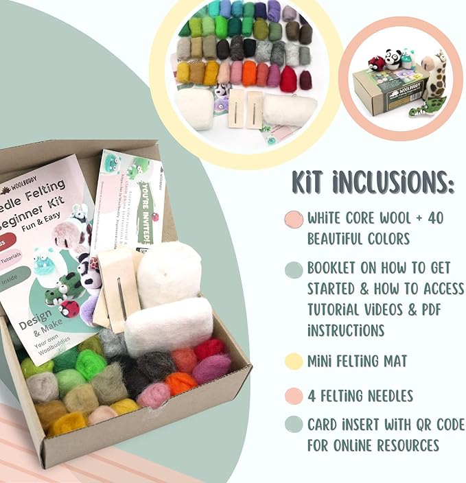 Woolbuddy 𝗡𝗲𝗲𝗱𝗹𝗲 𝗙𝗲𝗹𝘁𝗶𝗻𝗴 𝗦𝘁𝗮𝗿𝘁𝗲𝗿 𝗞𝗶𝘁 𝗳𝗼𝗿 𝗔𝗱𝘂𝗹𝘁𝘀 & 𝗞𝗶𝗱𝘀 – 40 Wool Colors, Core Wool, Felting Supplies, 4 Needles, Pad & Guide – DIY Animal Craft Kit for Creatives
