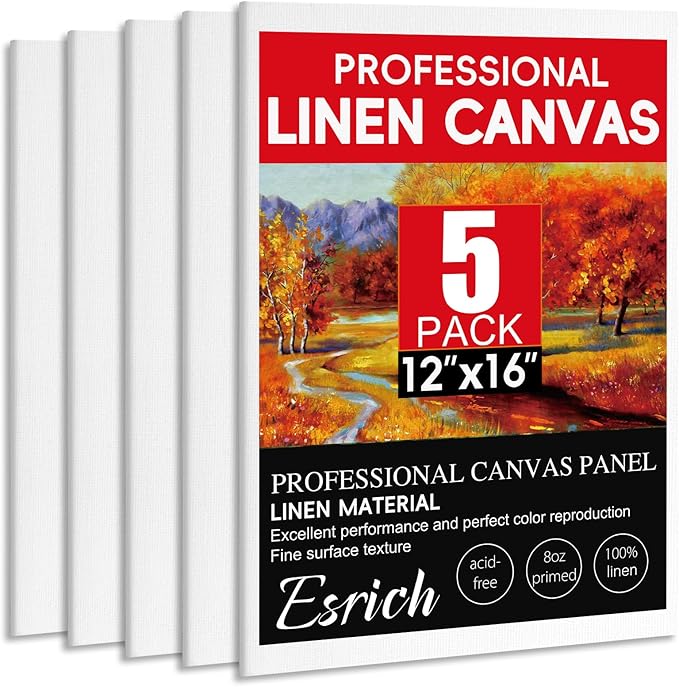 ESRICH Professional Linen Canvas Panels 12x16, 5 Pack Linen Canvas for Painting Primed Acid Free Blank Canvas Boards for Painting for Painters，Artists,