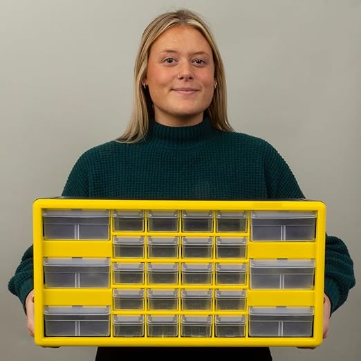 Akro-Mils 26-Drawer Plastic Drawer Storage Cabinet for Garage Organization, Bead Organizer, Building Bricks Storage, Teacher Toolbox, Makeup Organizer, 20" W x 6" D x 10" H, 10126 Yellow