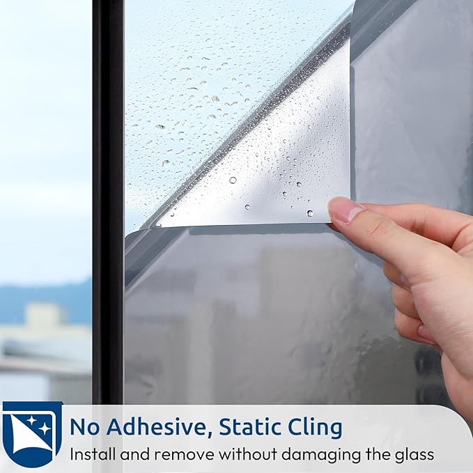 rabbitgoo Window Privacy Film One Way Window Tint for Home, Removable Reflective Heat Sun Blocking Anti UV Glass Door Covering, Mirror Tinting Film House Office, 35.4 in X 32.8 Feet, Silver