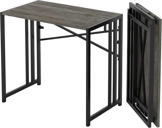 35 inch Narrow Folding Desk, Writing Gaming Computer Camping Desk for Small Spaces, No Assembly Required Home Office Table, Black Oak