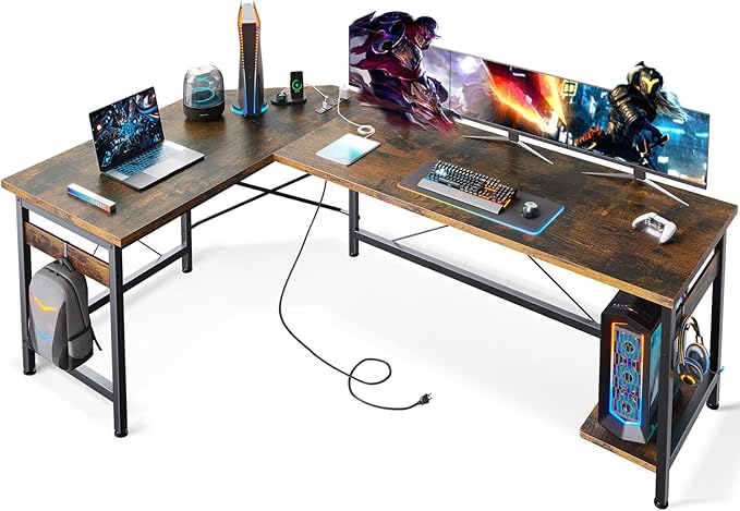 Coleshome 66" L Shaped Gaming Desk with Outlet, L Shaped Desk with CPU Stand, Corner Computer Desk, Home Office Desk, Writing Desk, Vintage