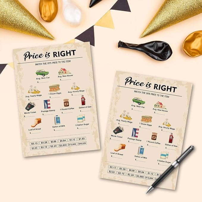 QUPT 50th Birthday Party Games, Price is Right Games, Birthday Party Supplies for Adults, Fun 1975s Party Game，Pack of 30 Cards
