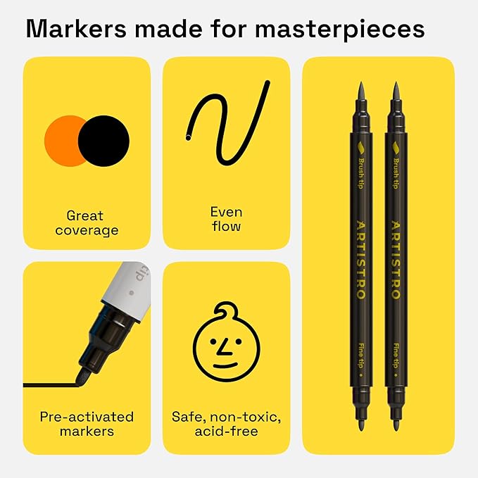 ARTISTRO 2 Black Dual-Tip Fabric Markers - Fabric Decorating Kit - Permanent for Clothes - Acrylic Paint Pens for Sneakers, Bags, Shoes, Textile, Canvas, Sewing, Craft, Laundry - Brush and Fine Tip