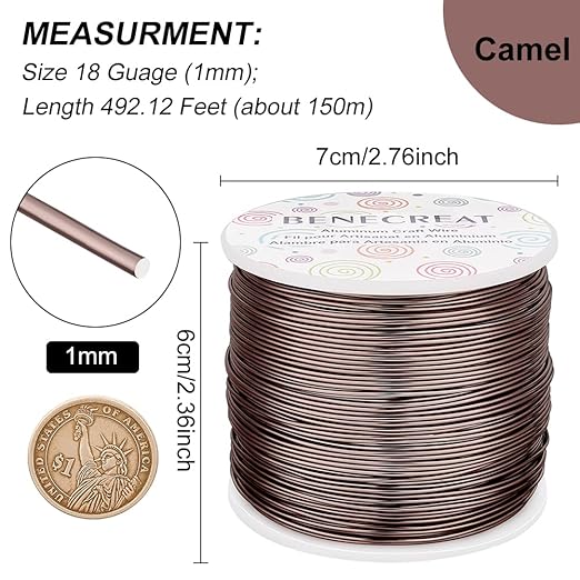 BENECREAT 9 12 15 18 20 Gauge Brown Aluminum Wire (18 Gauge,492 FT) Anodized Craft Making Beading Floral Colored Aluminum Craft Wire for Gem Wrapping, Jewelry Craft Making