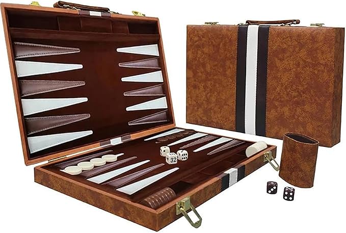 15inch Backgammon Set Classic Folding Board with Leather Case, Portable Travel Game, Ideal Gift Package for Strategy Lovers